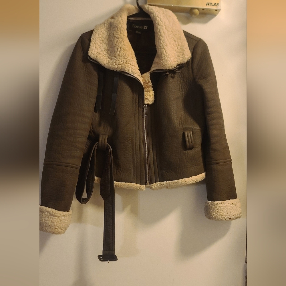 Forever 21 Brown Faux Leather Bomber Jacket with Cream Shearling Trim
